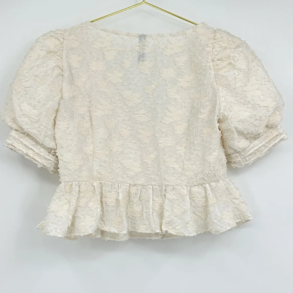 Zara Cream Textured Puff Sleeve Button Front Peplum Blouse Size S